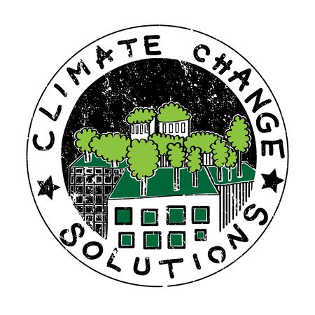 Climate change solution illustration, hand drawn sticker isolated on white representing trees on buildingsのイラスト素材