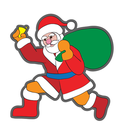Santa Claus running holding a bell, clipart illustration isolated on whiteのイラスト素材
