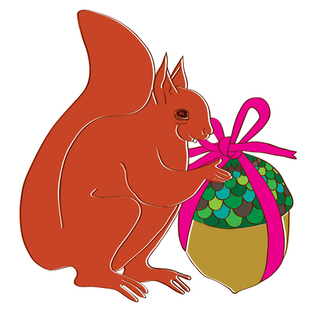 Hand drawn illustration of a squirrel with an acorn Christmas gift isolated on whiteのイラスト素材