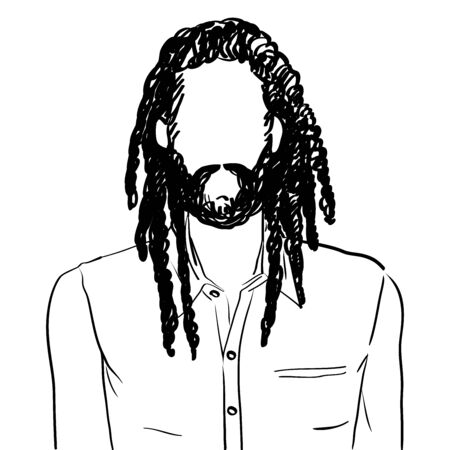 Hand drawn artistic illustration of an anonymous avatar of a rastafarian man with dreadlocks and beard in an informal shirt, web profile doodle isolated on whiteのイラスト素材