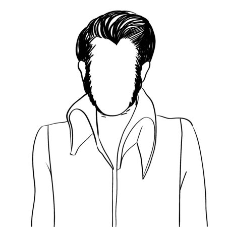 Hand drawn artistic illustration of an anonymous avatar of a sixties rock and roll man with fancy hairslyle in a stage shirt, web profile doodle isolated on whiteのイラスト素材