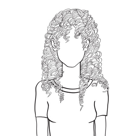 Hand drawn sketch illustration of an anonymous avatar of a young woman with curly long hair, in a pink t-shirt, web profile doodle isolated on whiteのイラスト素材
