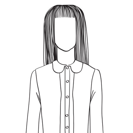 Hand drawn artistic illustration of an anonymous avatar of a young woman with long hair an d short bang, in a schoolgirl suit, web profile doodle isolated on whiteのイラスト素材