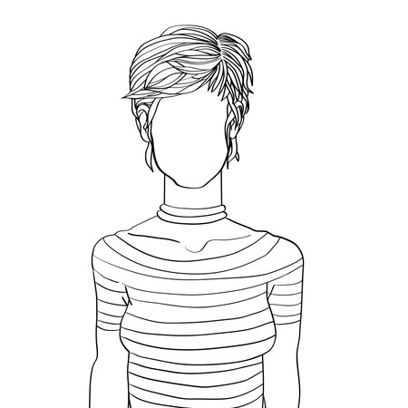 Hand drawn artistic sketch illustration of an anonymous avatar of a young woman with short hair in a t-shirt, web profile doodle isolated on whiteのイラスト素材