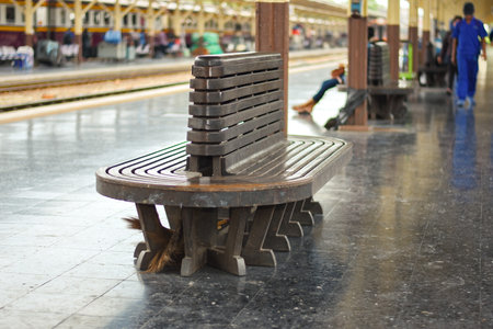 Wooden Chair in Train Station , Bangkok , Thailandのeditorial素材