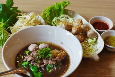 Noodle Soup with Beef and Meat Ballの写真素材