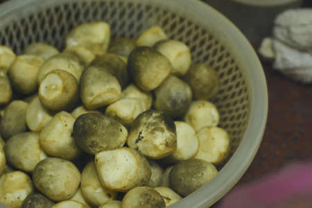 many Straw mushroom in a basketの写真素材