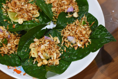 Thai style fried rice in banana leaf,Thai food.の写真素材