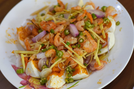 Thai spicy papaya salad with shrimp and egg, Thai foodの写真素材