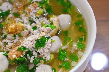 Vietnamese rice noodle soup with pork ball and pork ballの写真素材