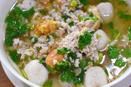 Vietnamese rice noodle soup with pork ball and minced meatの写真素材