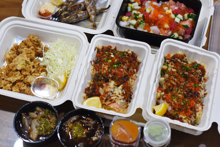 Take Away Dishes in Plastic Boxes. Japanese Cuisine.