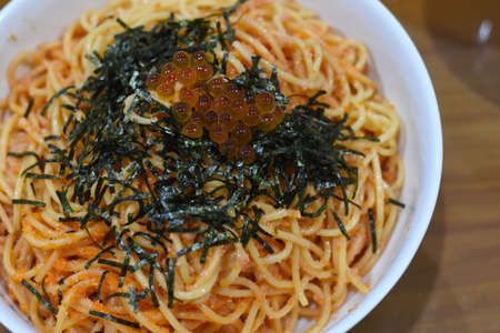 Cream sauce spaghetti egg shrimpの写真素材