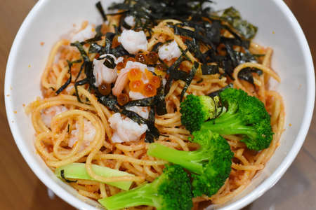 Cream sauce spaghetti egg shrimpの写真素材