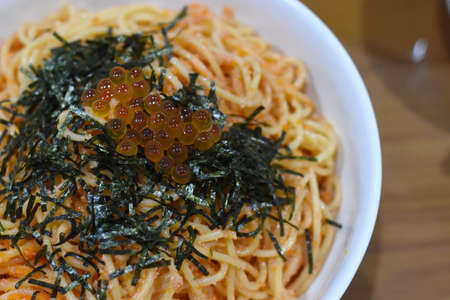 Cream sauce spaghetti egg shrimpの写真素材