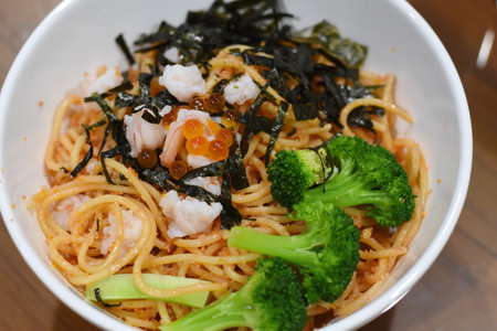 Cream sauce spaghetti egg shrimpの写真素材