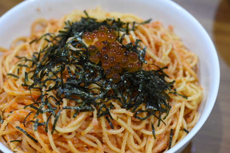 Cream sauce spaghetti egg shrimpの写真素材
