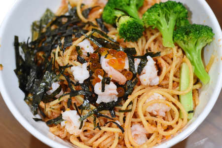 Cream sauce spaghetti egg shrimpの写真素材