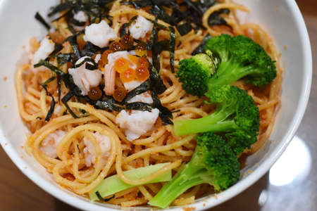 Cream sauce spaghetti egg shrimpの写真素材