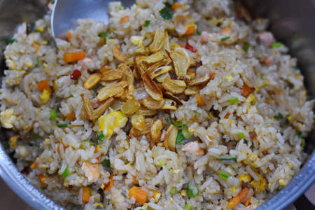 Japanese Garlic Fried Rice with prawnの写真素材