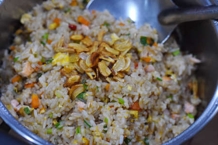 Japanese Garlic Fried Rice with prawnの写真素材