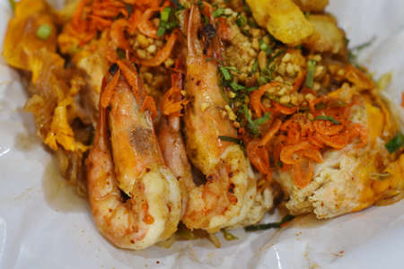 Fried noodle Thai style with prawnsの写真素材