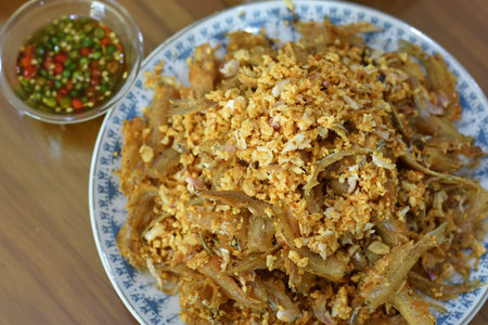 Fried pork with garlic and chili sauce. Thai food style.の写真素材