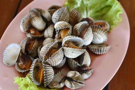 Steamed clams on a plate with salad leaves on wooden backgroundの写真素材