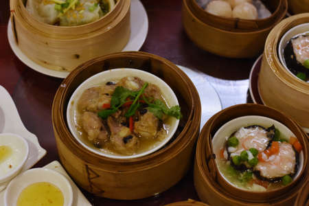 Chinese dim sum in bamboo steamer, chinese cuisine, dim sumの写真素材