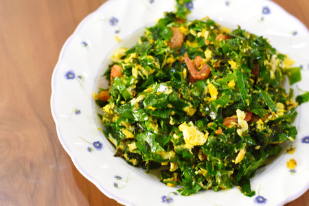 Thai food, Stir-fried spinach with egg in a bowl