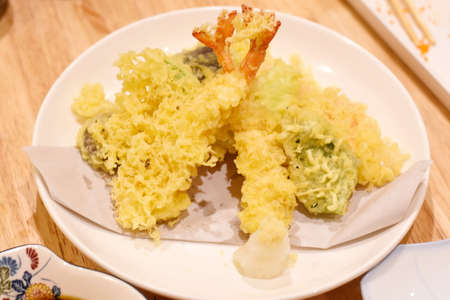 Tempura on white plateの写真素材