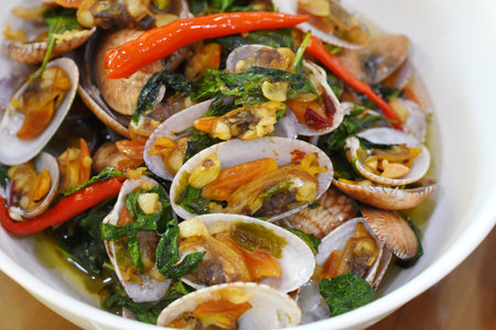 Stir-fried clams with chili and garlic, Thai foodの写真素材