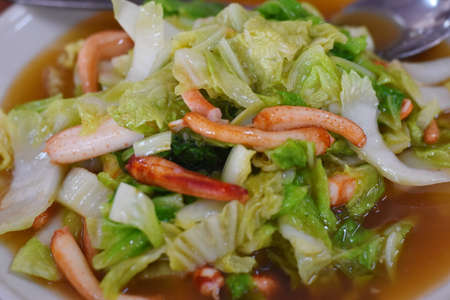 Stir-fried Chinese cabbage with shrimps on the plateの写真素材