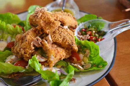 Fried chicken with salad and spicy sauce on wooden table in restaurant
