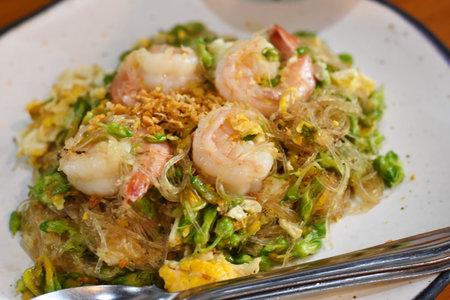 Fried rice noodle with prawns, Thai style food