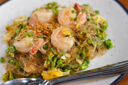 Shrimp with vermicelli on white plate, Thai food