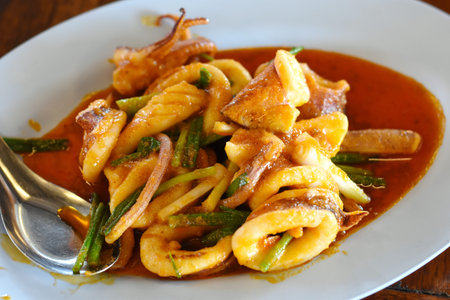 Fried squid with sweet and sour sauce in thai style.