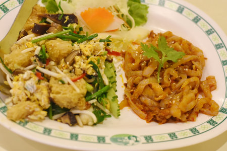 Stir-fried noodles with pork and vegetables,Thai foodの写真素材