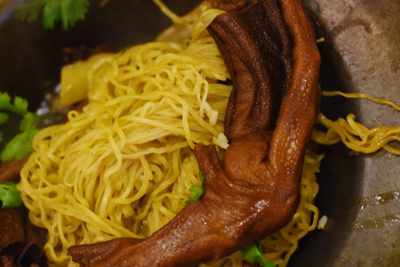 Noodles in a mortar, close-up. Chinese cuisineの写真素材