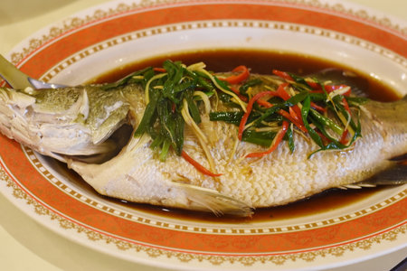 Fried fish with spicy sauce, thai food style, stock photoの写真素材