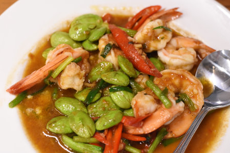 Stir Fried Shrimp with Chili Paste on white dish, Thai foodの写真素材