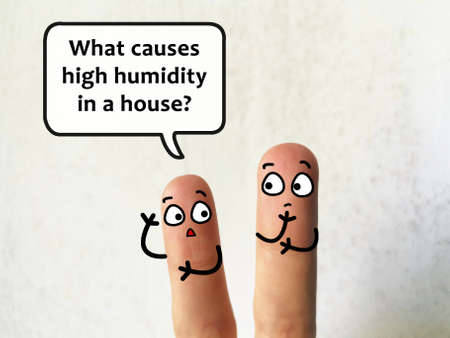 Two fingers are decorated as two person. They are discussing about problems of building. One of them is asking about causes of high humidity in a house.の写真素材