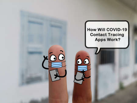 Two fingers are decorated as two person. One of them is asking question regarding COVID 19 contact tracing apps.の写真素材