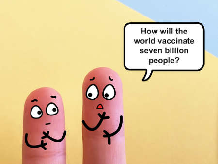 Two fingers are decorated as two person. They are discussing about vaccines.の写真素材