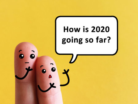 Two fingers are decorated as two person. One of them is asking another about how is his 2020 going so far.の写真素材