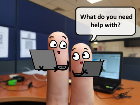 Two fingers are decorated as two person. One of them is asking another what does he need help with.