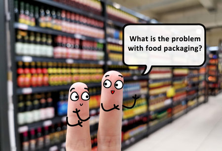 Two fingers are decorated as two person. One of them is asking another what is the problem with food packaging.の写真素材