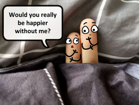 Two fingers are decorated as two person. One of them is asking if her partner will be happier without her.の写真素材