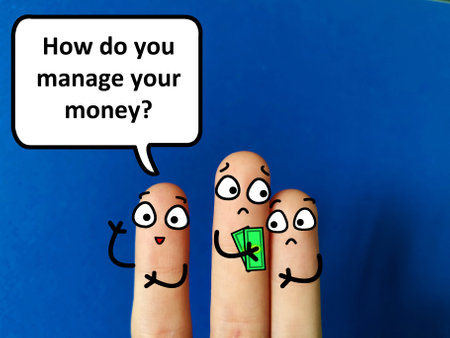 Three fingers are decorated as three person. Two of them are having financial problem. One of them is asking how do yo manage your money.の写真素材