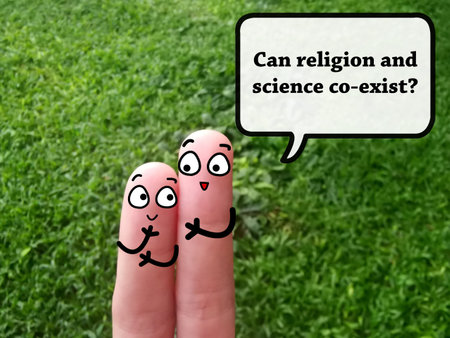 Two fingers are decorated as two person. They are discussing problems about environment and...